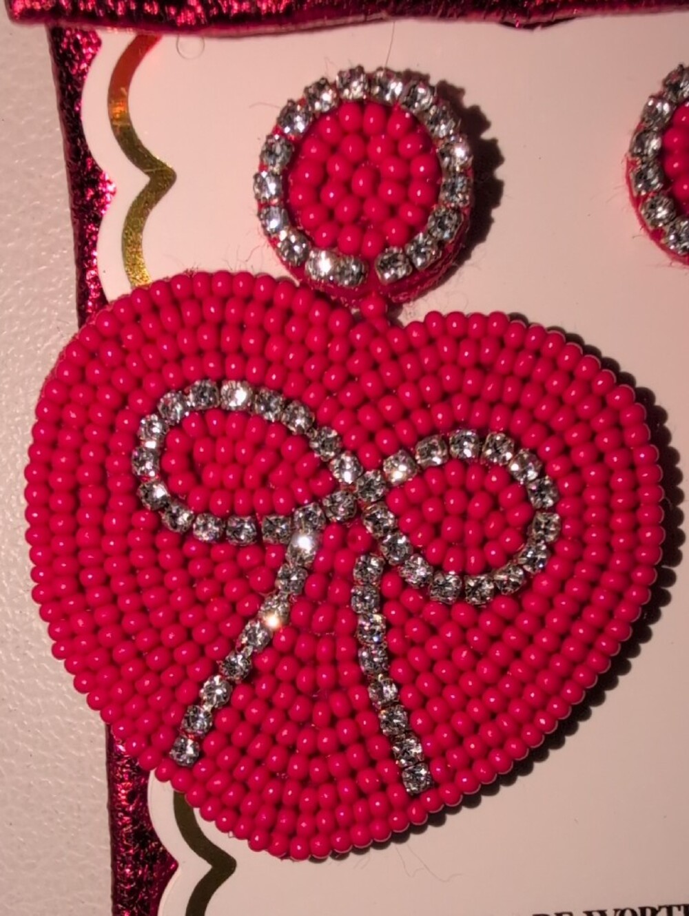 Simply Southern Pierced Red Beaded Heart Earrings with Rhinestone Bows - Picture 6 of 6